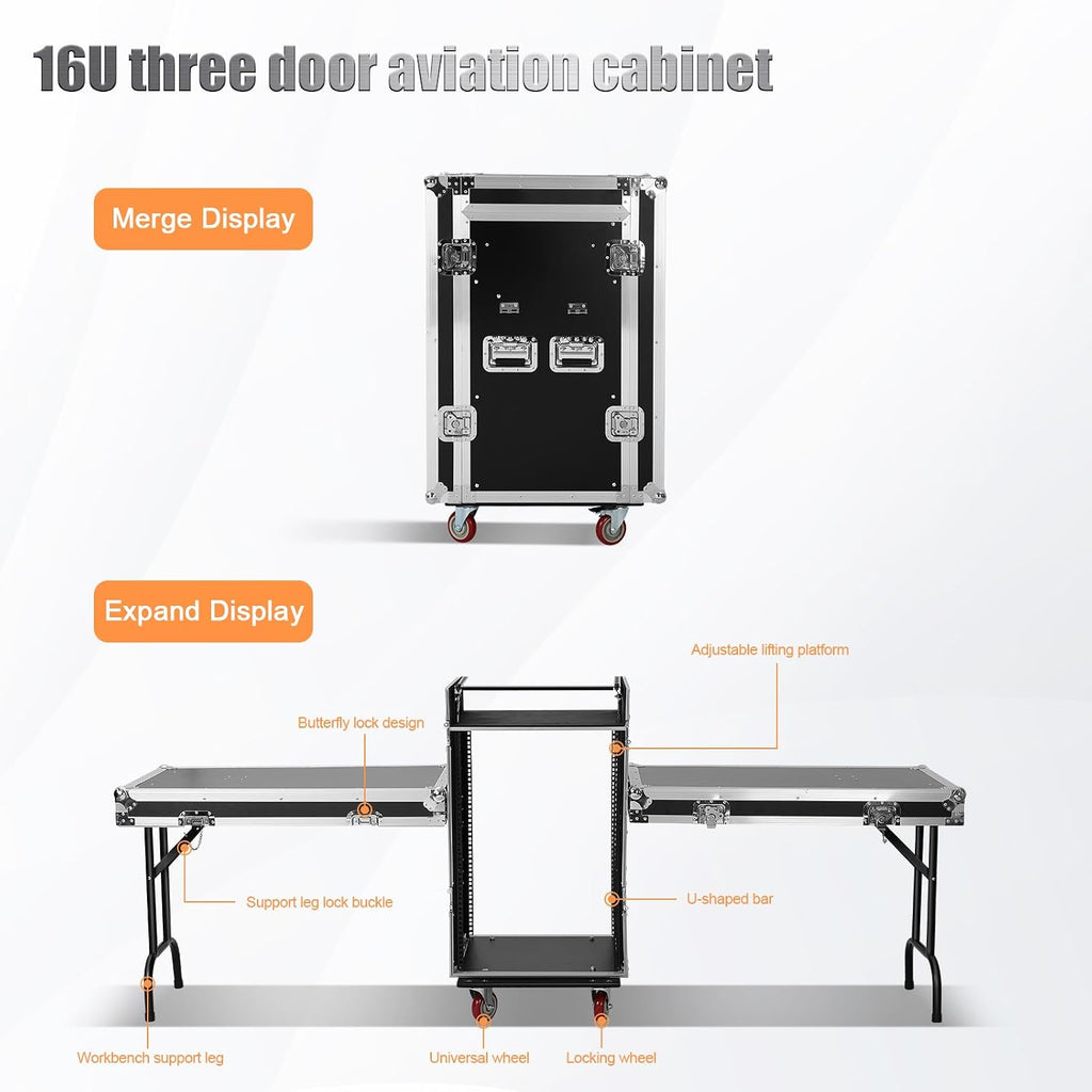 16u Road Case with 60° Slant Mixer Top, 4 Casters - Brake System, 2 Side Table up to 110lb 20' Rackable Depth Plywood & Tour Grade Hardware ATA Rack Cases Audio Mixer for Pro Stage Performance