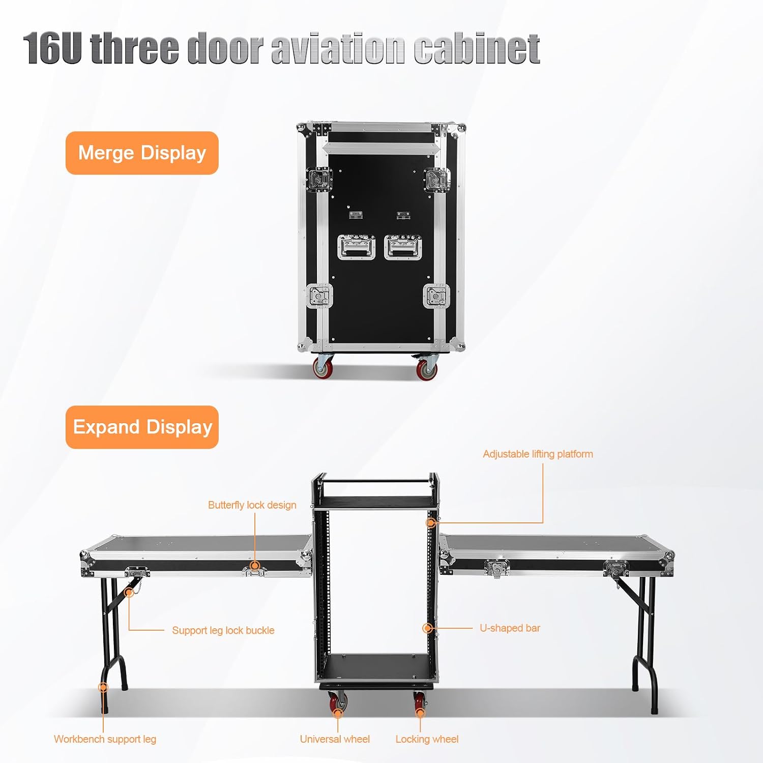 16u Road Case with 60° Slant Mixer Top, 4 Casters - Brake System, 2 Side Table up to 110lb 20' Rackable Depth Plywood & Tour Grade Hardware ATA Rack Cases Audio Mixer for Pro Stage Performance