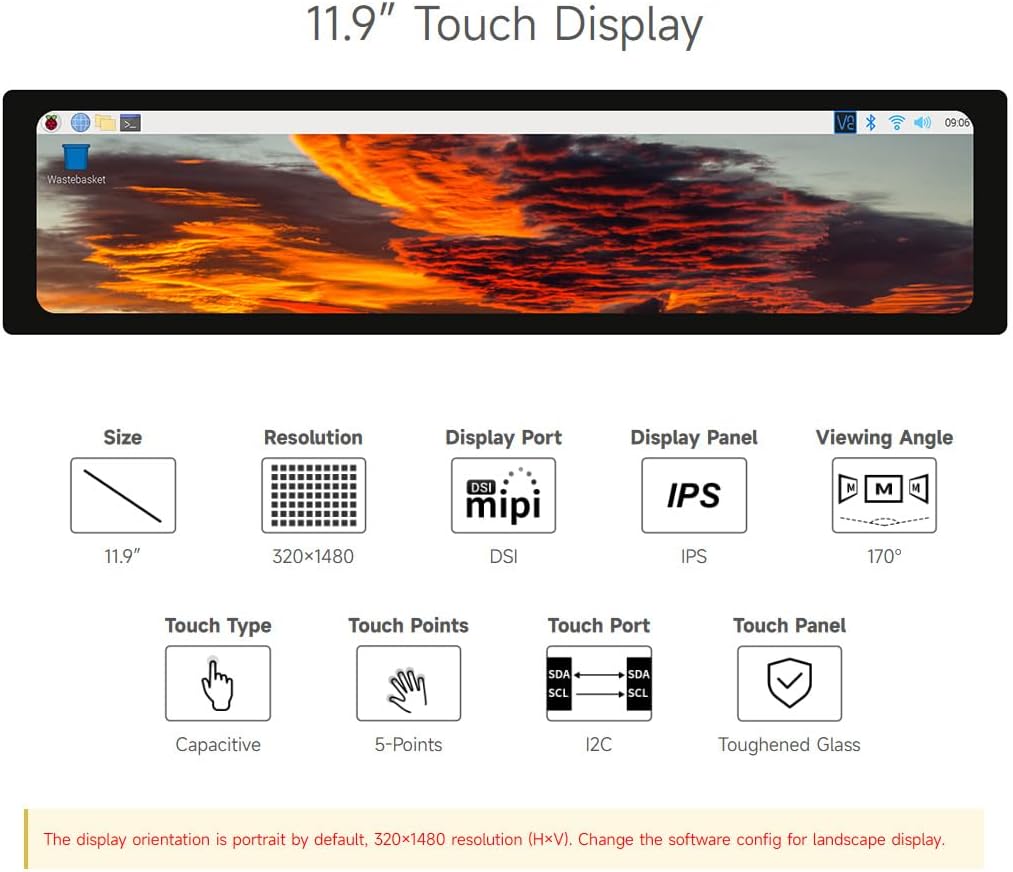waveshare 11.9inch Capacitive Touch Display Compatible with Raspberry Pi 5/4B/3B/Zero/Zero W/Zero 2W/Pico/Pico W/Pico WH, 320×1480 Resolution IPS DSI Interface