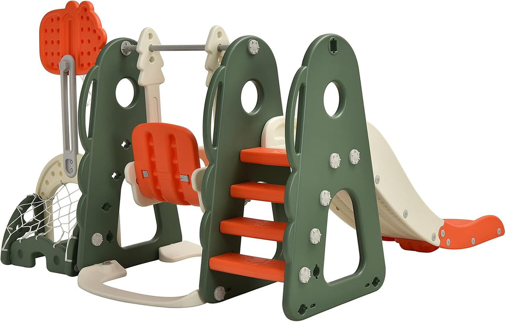 Costzon 6 in 1 Toddler Slide and Swing Set, Kids Large Climber Slide Playset with Basketball Hoop, Football Gate and Golf Hole, Playground Swing Set for Indoor Outdoor Backyard 2-12 Gifts Presents