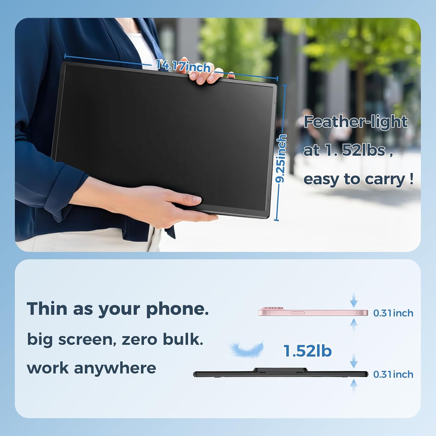 Laptop Screen Extender 16.1', 1200P FHD, Portable Monitor 360° Rotating Detachable Stand, Height Adjustable Monitor Extender for Laptop 13-17.5', Plug-Play for Tablet, PC, Phone, etc