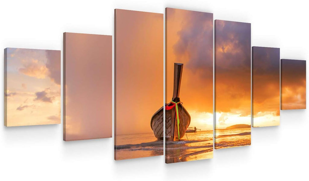 Startonight Large Canvas Wall Art Beach - A Boat at Sunset - Huge Framed Modern Set of 7 Panels 40' x 95'