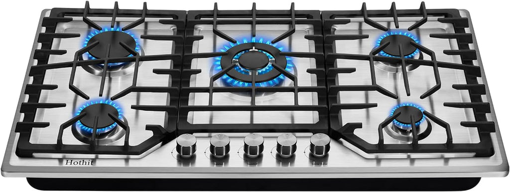 Hothit 5 Burner 36 inch Gas Cooktop, LPG/NG Dual Fuel Built-in Electronic Ignition Propane Stove Top with Pressure Regulator, Stainless Steel Gas Hob for Kitchen, Apartment, Outdoor(AHT36IN10S-SD)