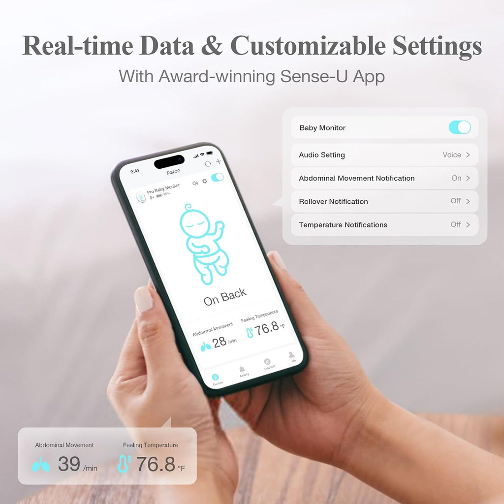 Sense-U Pro Baby Monitor – Breathing Movement, Rollover & Overheating Trackers for Better Sleep, Simple Clip-On Smart Sleep Monitor with Arousal Vibration, Audible Alerts & Sleep Analysis