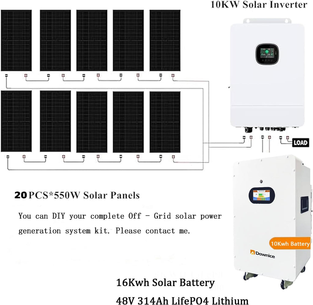 11KW Off-Grid Solar Power System Complete Kit with 20PCS Bificial 550W Solar Panels 10KW Solar Storage Inverter with MPPT Controller 48V 314Ah 16KWh LiFePO4 Battery 120/240Vac