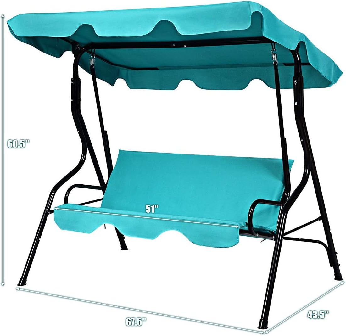 3-Seater Canopy Swing Chair, Waterproof Outdoor Swing Cushioned Seat with Adjustable & Removable Canopy, Steel Frame Polyester Fabric Oxford Cloth Patio Hammock Cover Top (Turquoise)