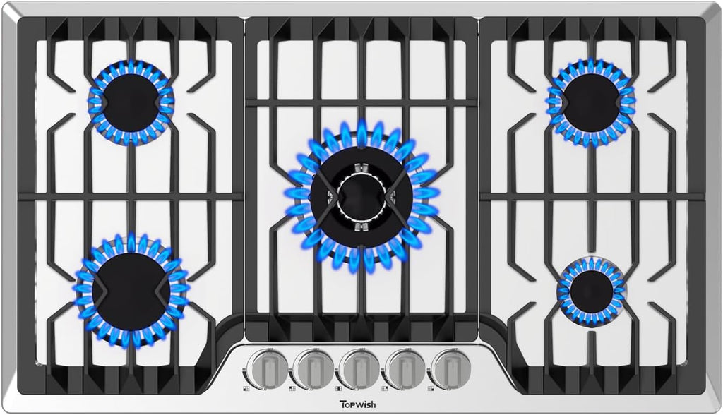 TOPWISH 36 Inch Gas Cooktop, Propane Stove Top with 5 ITALY SABAF Sealed Burners 41,800BTU, NG/LPG Convertible Built-in Stainless Steel Stovetop with Thermocouple Protection for Rvs Kitchen Outdoor