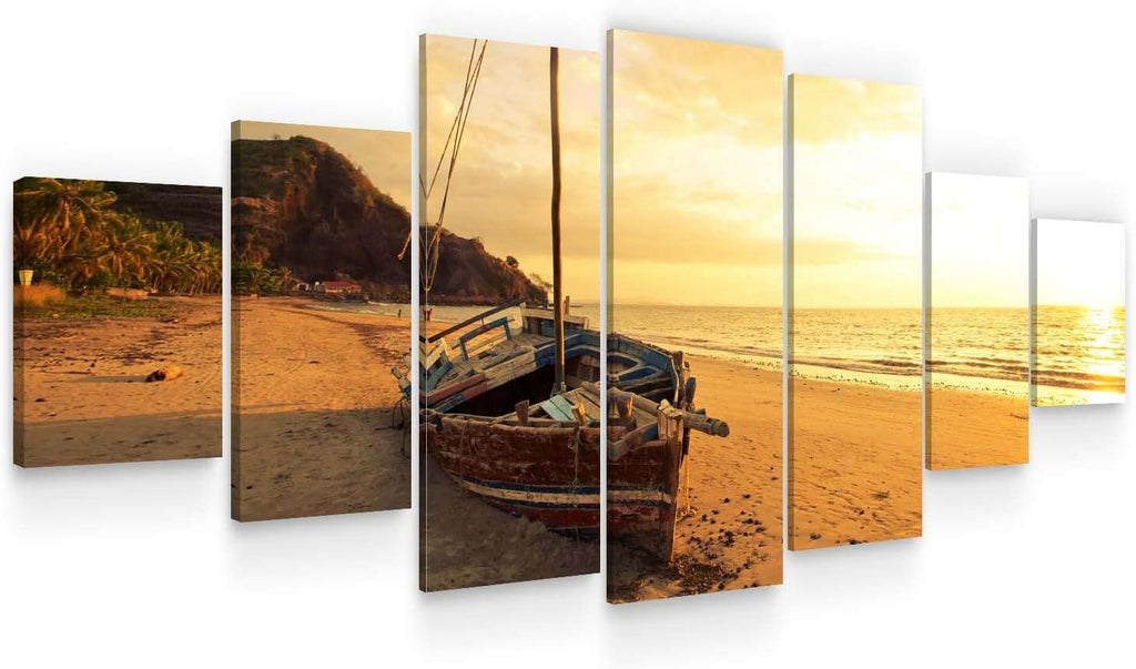 Startonight Huge Canvas Wall Art Boat On The Beach At Sunrise - Large Framed Set of 7 40' x 95'