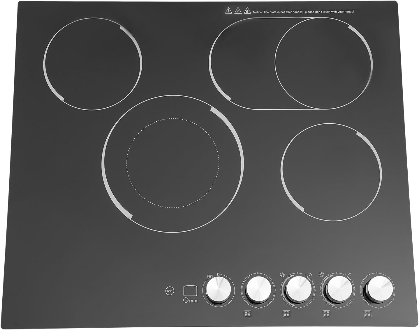 Electric Cooktop 24 Inch, 3400W Drop-in 4 Burner Electric Stovetop in Black with 5 Power Levels, 0-99 Minute Timer, Child Safety Lock, 110V - 23.62x20.08x3.94in(No Plug)