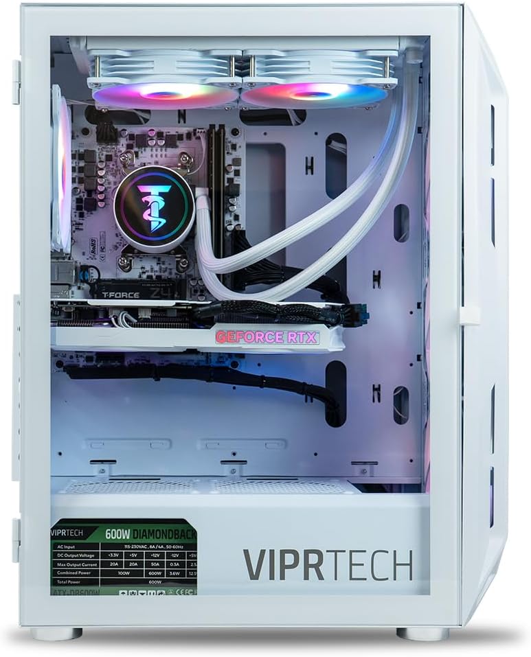 ViprTech Ghost 4.0 Liquid-Cooled PC - AMD Ryzen 7 (4.4Ghz Turbo), RTX 5060 Ti, 32GB DDR4, 1TB SSD, VR-Ready, Streaming, WiFi BT, RGB, Win 11, Gaming Desktop Computer Prebuilt, White