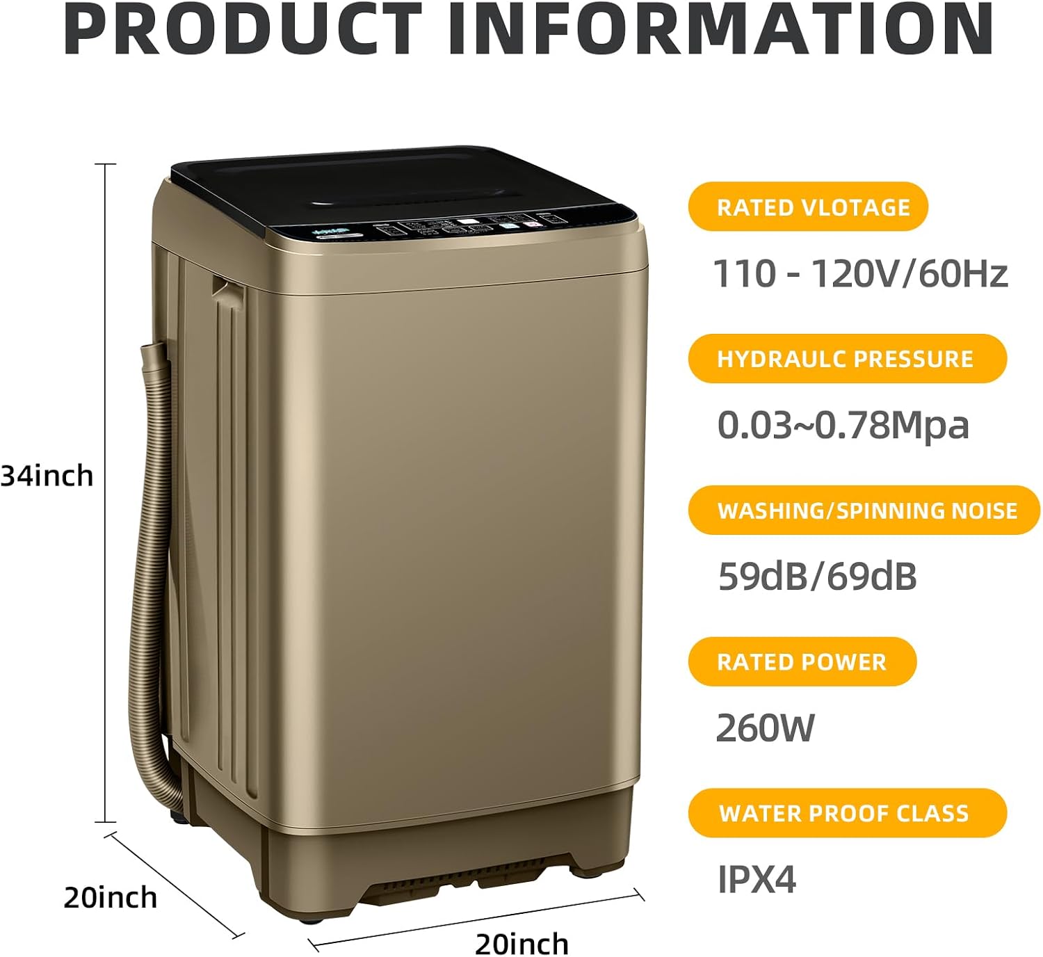 Portable Washing Machine 17.7lbs Full-Automatic Compact Washing Machine for Apartment, 10 Wash Program Small Washer for Dorm, Portable Washer for RV, Home, Gold