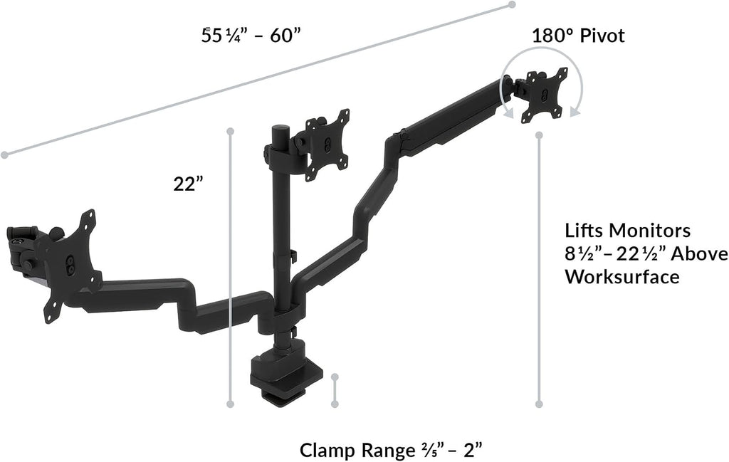 Vari Triple Monitor Arm - VariDesk 3 Computer Monitor Mount Accessory - VESA Compatible Stand with 180 Degree Adjustment - Heavy Duty Articulating Arm - Black