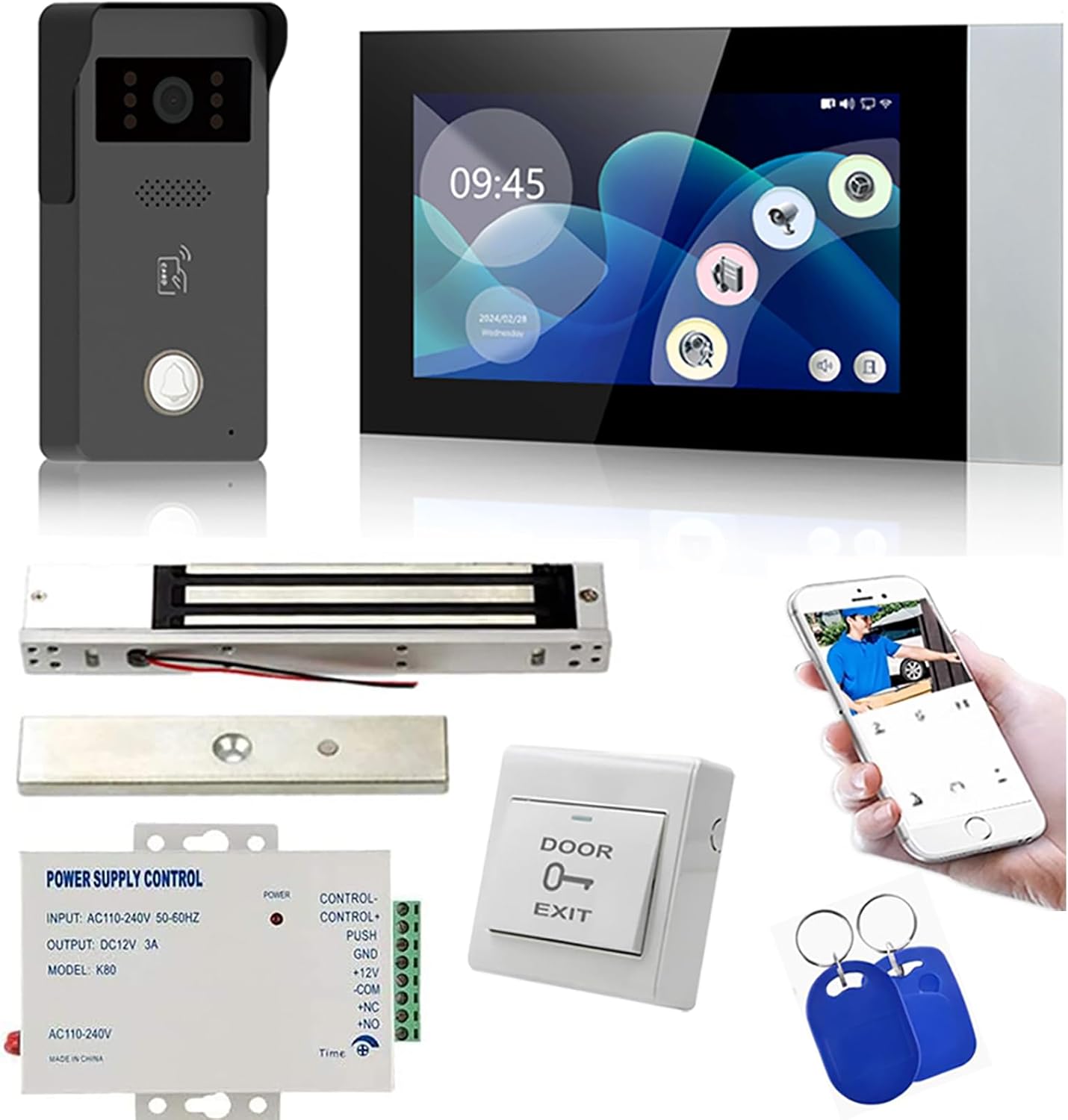 Tuya Smart Office/Home Wireless WiFi Doorbell Camera Security Video Intercom for Access Control System Color Touch Screen Phone App Remote Open with Lock/Fobs/Power Supply Doorbell