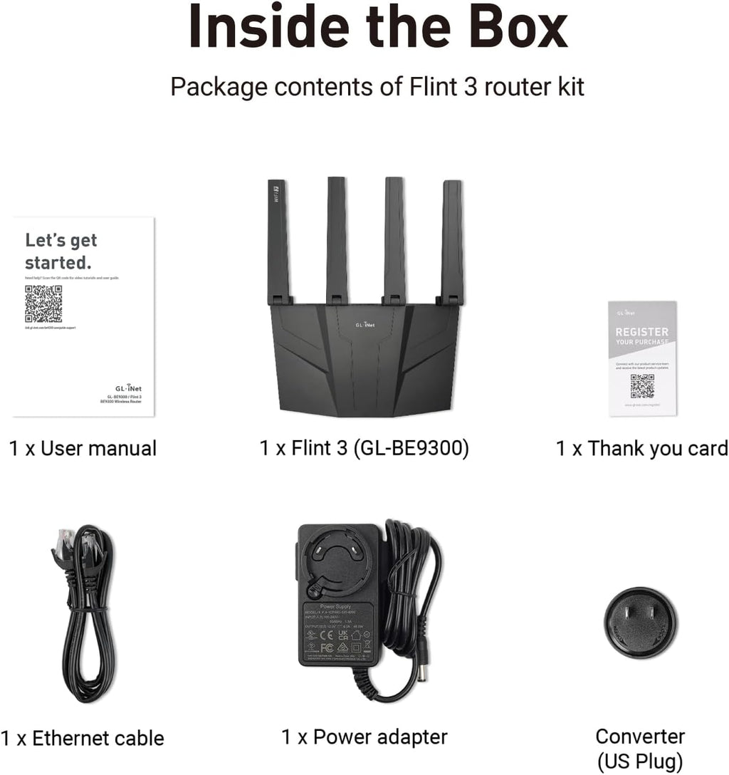GL.iNet GL-BE9300 (Flint 3) Tri-Band WiFi 7 Router, High-Speed 6GHz Gaming WiFi Router for Wireless Internet, Long Range, 5 x 2.5G VPN Routers for Fiber Optic Modem, Computer Routers, Home & Business