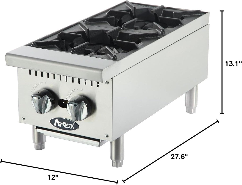 Atosa Commercial Countertop Hotplate, 2-Burner, Cast Iron Grates, Natural Gas, 12' (ACHP-2-NG)