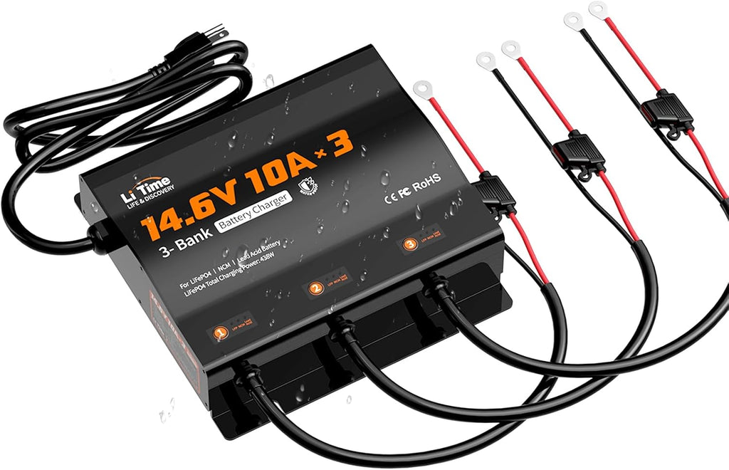 LiTime 3-Bank 10A (10A/Bank) Smart Battery Charger, 14.6V LiFePO4 Battery Charger AC-DC Charger with Fuse, LED Indicator for RV, Boat, Motorcycle, Lawn Mower, Trolling Motor and Lead Acid Battery