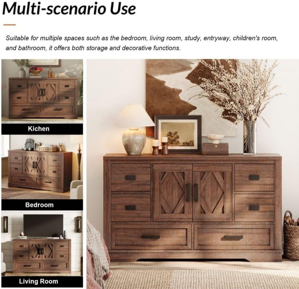 WAMPAT Modern Farmhouse TV Stand for TVs up to 100',3 in 1 Wood Entertainment Center,32' H Tall TV Console Cabinet with Barn Door for Living Room,Bedroom,Rustic Brown