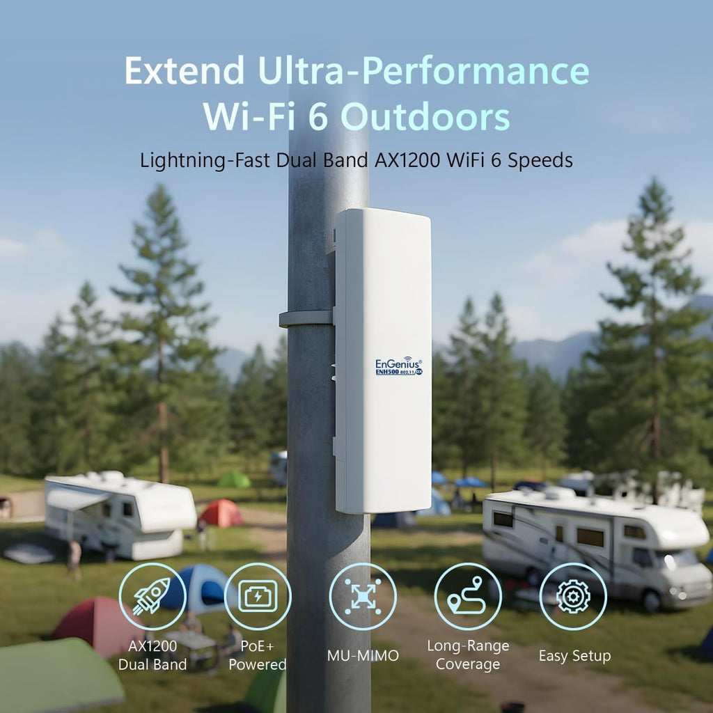 EnGenius ENH500-AX KIT 5GHz Wi-Fi 6 (802.11ax) 2x2 Outdoor Wireless Bridge, up to 1,200 Mbps, high 26 dBm Transmit Power, high gain 16 dBi Integrated Directional Antenna, IP55-rated (2-Pack)