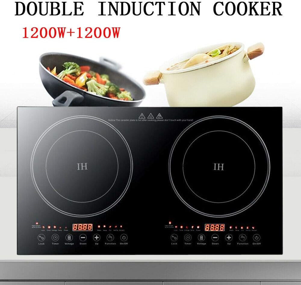 Double Induction Cooker, 1200W 2 Burner Induction Cooker Cooktop, Electromagnetic Oven High Temperature Resistance Double Burner Countertop Cooktop 8 Gear Firepower Dual Induction Hot Plate