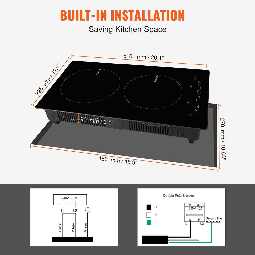 Happybuy Electric Cooktop, 2 Burners, 12'' Induction Stove Top, Built-in Magnetic Cooktop 1800W, 9 Heat Levels, LED Touch Control with Child Lock & Overheat Protection