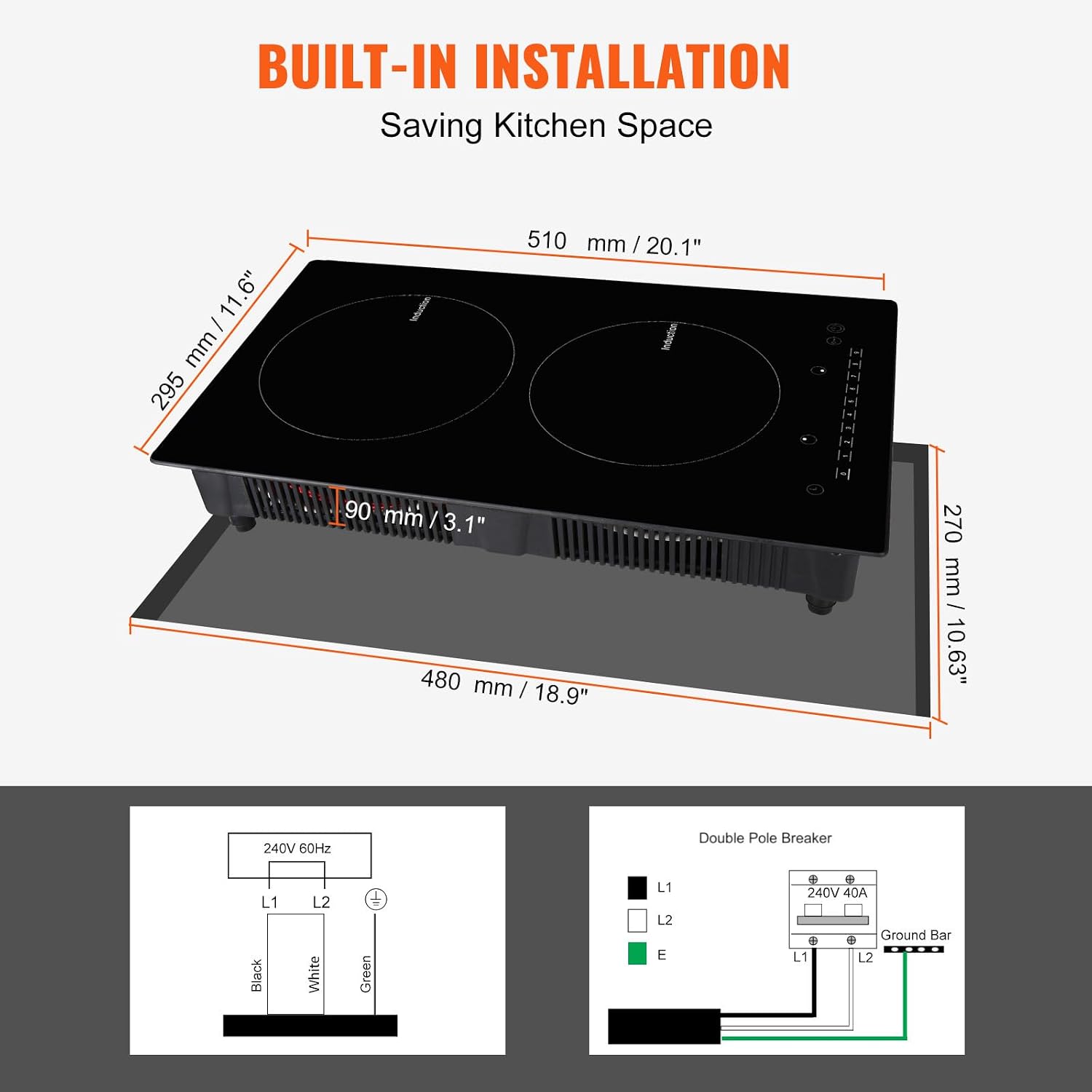 Happybuy Electric Cooktop, 2 Burners, 12'' Induction Stove Top, Built-in Magnetic Cooktop 1800W, 9 Heat Levels, LED Touch Control with Child Lock & Overheat Protection