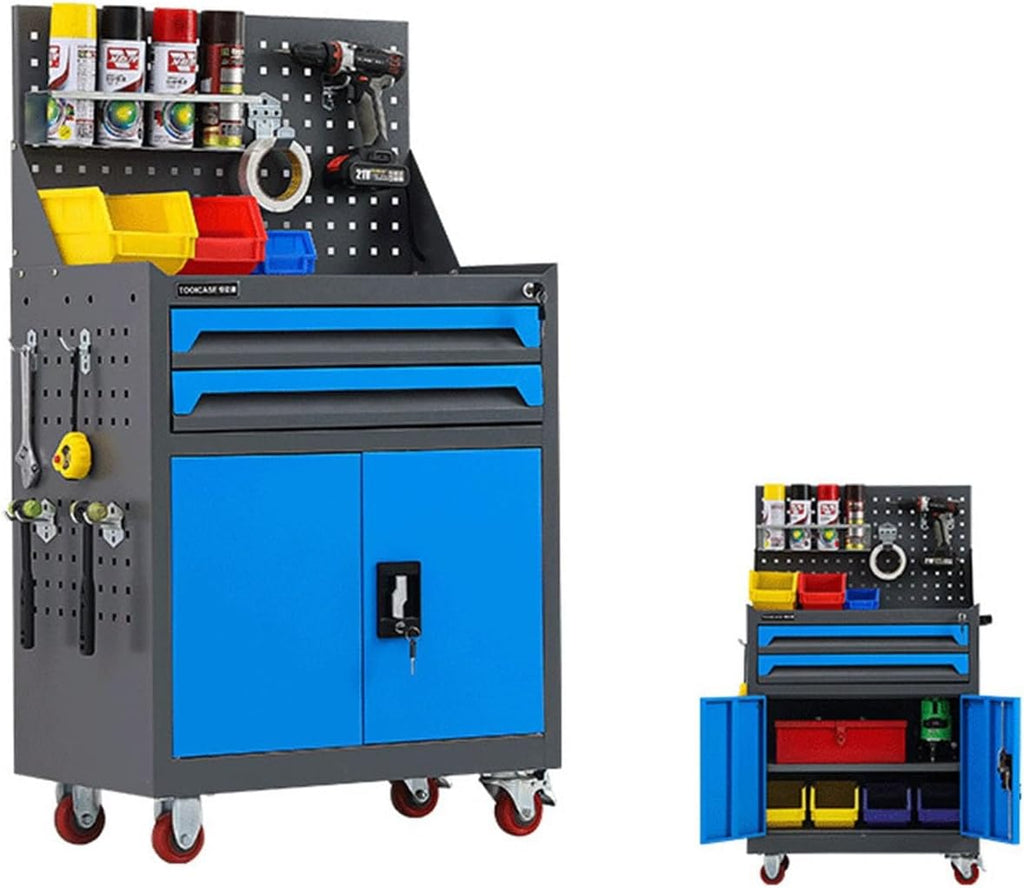 Multifunctional 2-Drawer High Capacity Rolling Tool Chest, Removable Cabinet Storage Tool Box with Wheels and Lock for Mechanical Workshops for Garage(Blue)
