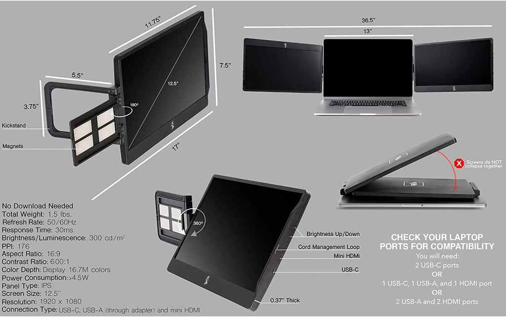 SideTrak Swivel 12.5' Portable Monitor for Laptop, Patented Swivel Hinge, Triple Screen Laptop Setup | FHD Dual Screen w/Kickstand, USB-C® & HDMI, Mac, PC, Chrome Compatible (Triple Monitor)
