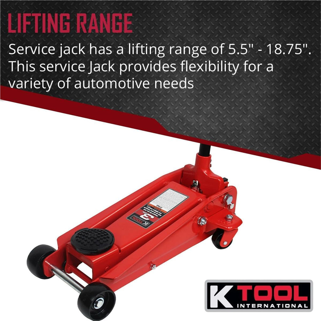 K Tool International 63131B 3 Ton Automotive Service Floor Jack for Garages, Repair Shops, and DIY, Portable, Compact, 6,000 lbs. Capacity, Hydraulic Lifting Range 5.5' - 8.75', Heavy Duty Steel, Red
