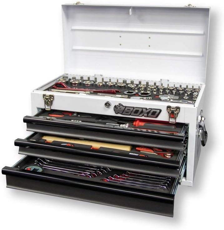 BOXO USA Heavy Duty Toolbox 103 Piece MotoBox Hand Carry Tool Box with Locking System for Motorcycle, Dirt Bike, Dual Sport (White)