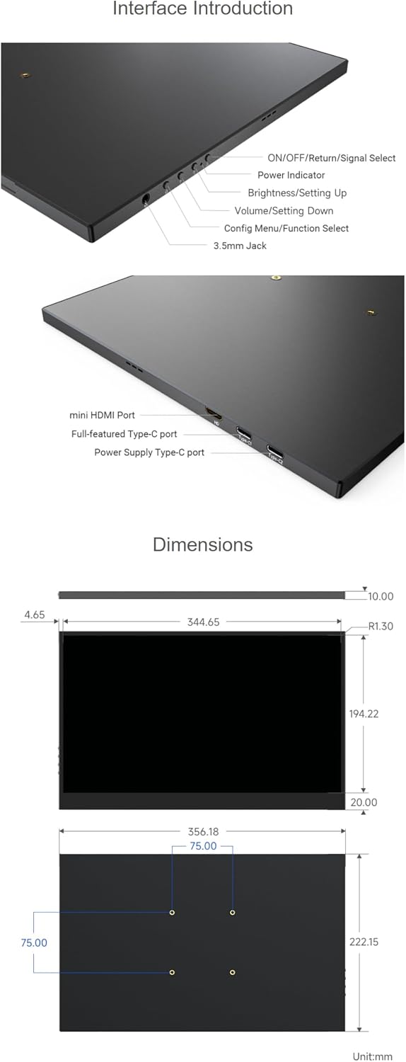 15.6inch Capacitive Touch Monitor for Raspberry Pi 5/4B/3B/Zero/Zero W/Zero 2W/Pico/Pico, Supports Windows 11/10/8.1/8/7, Type-C/mini HDMI Interface 15.6inch FHD Monitor (C)
