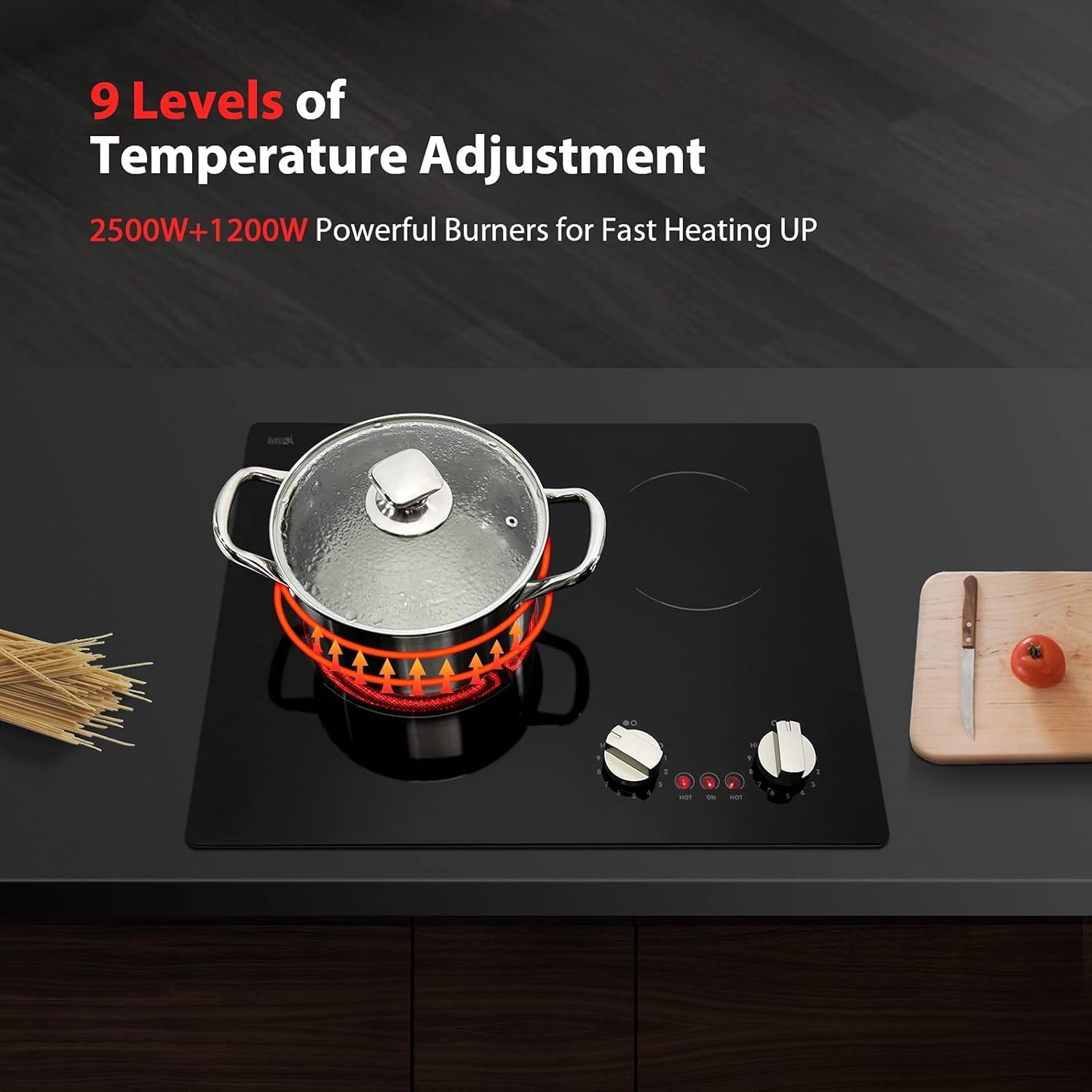 21 Inch 2 Burners Electric Cooktop 3700W Apartment Electric Stove Top Double Radiant, UL Certified, 9 Heating Level Knob Control, Overheating Protection, 110V-240V Ceramic Glass Cooktop