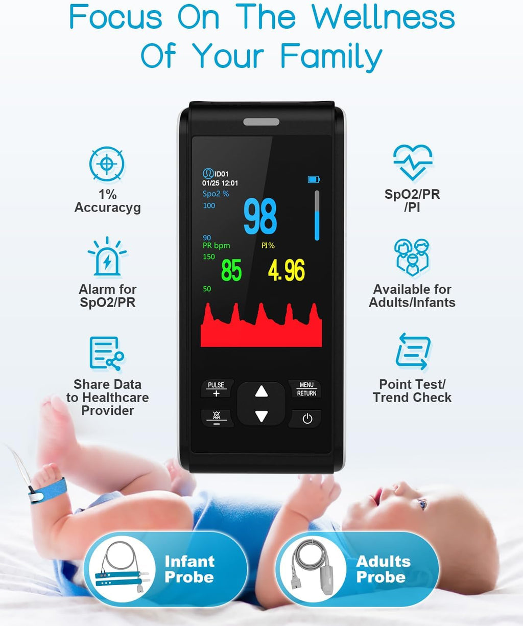 HOLFENRY Handheld Pulse Oximeter for Baby&Adult,Infant Pulse Oximeter Fingertip Rechargeable with Continuous Monitor&Alarm, Infant Oxygen Monitor Fingertip