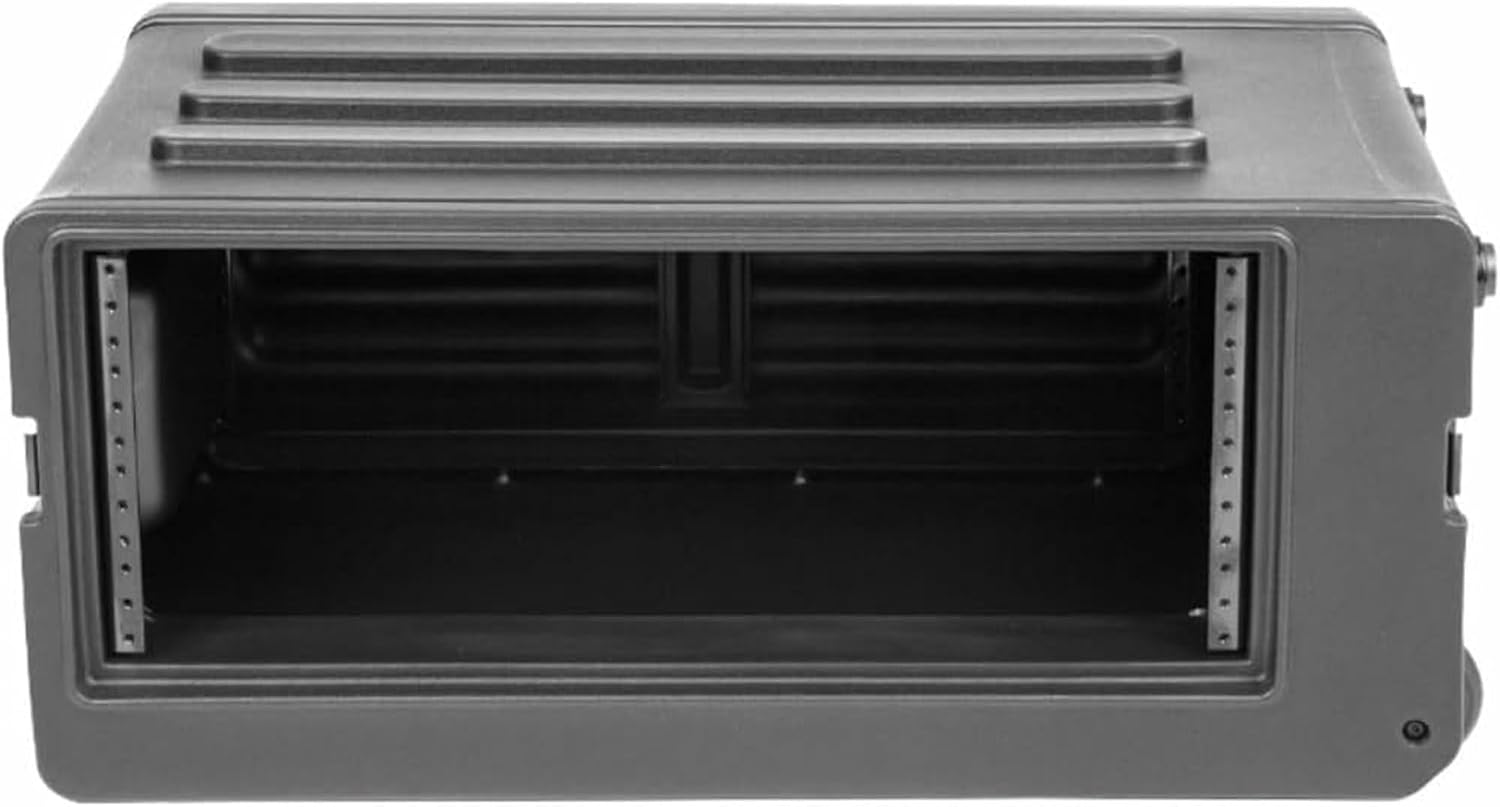 SKB 4U rSeries Shallow Rolling Rack with Integrated Back Wheels and 1-Touch Pull Handle, Comes with 8 Rack Units and Interlocking Molded Stacking Bars