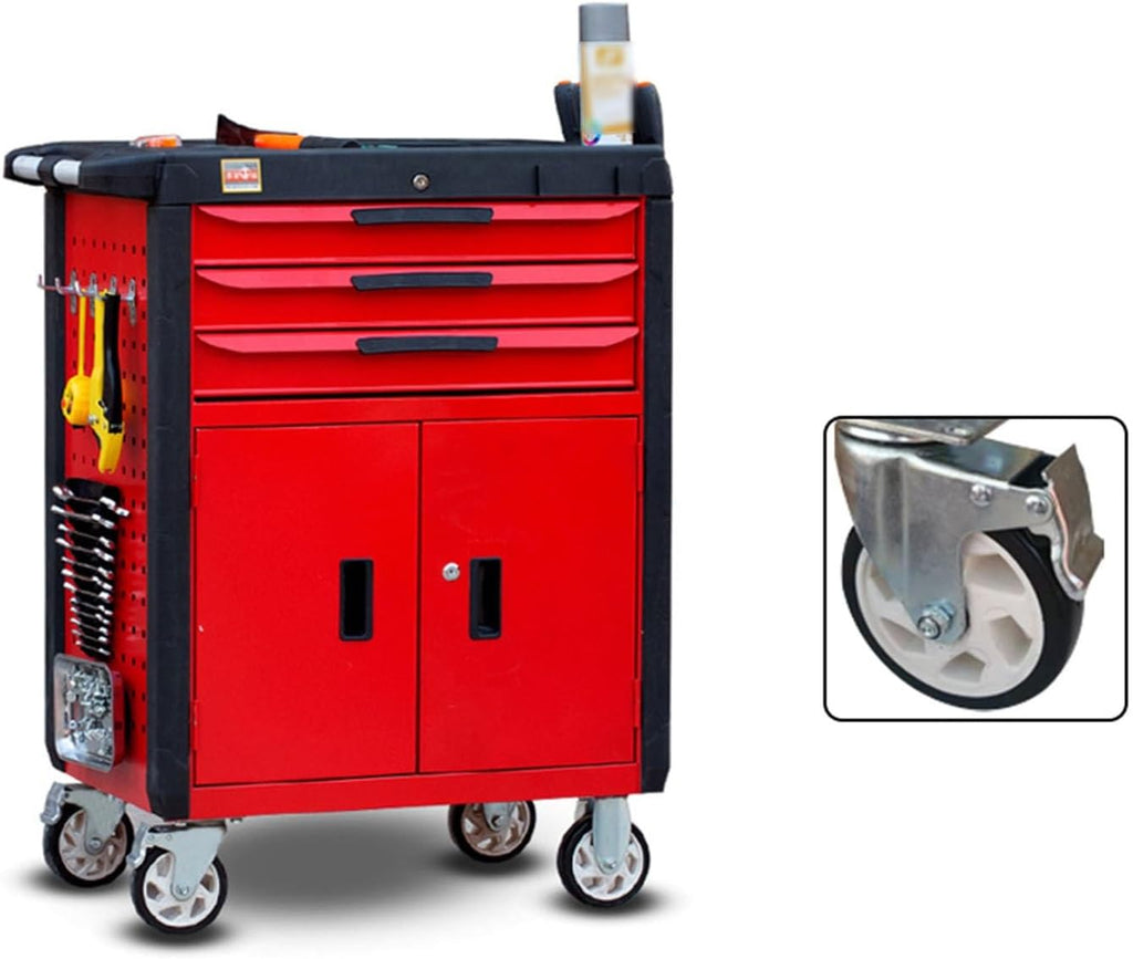 Multifunctional 3-Drawer Rolling Tool Chest with Wheels, Portable Steel Tool Cabinets with Drawers and Locking System for Warehouse, Garage for Garage(Red)