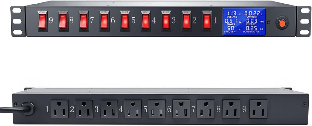 9 Outlet Rack Mount Power Strip with Individual Switches, PDU Surge Protector 15A 125V 1875W, 1U Server Rack Power Distribution Unit with Overload Protection and Power Monitoring, 6.5FT Cord