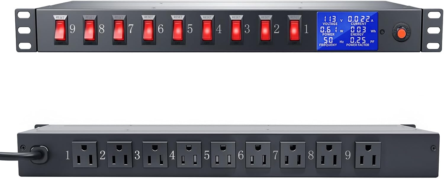 9 Outlet Rack Mount Power Strip with Individual Switches, PDU Surge Protector 15A 125V 1875W, 1U Server Rack Power Distribution Unit with Overload Protection and Power Monitoring, 6.5FT Cord