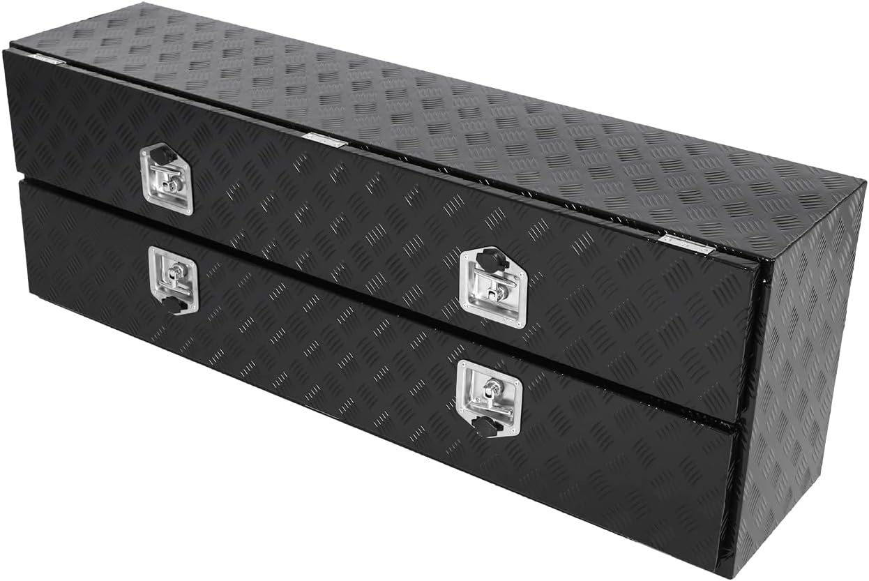 Aluminum Truck Tool Box w/Two Door,5 Bar Tread Truck Storage box w/Lock For Organization,Multifunction Black 60'x21'x15' Truck Toolboxes, For Truck,Trailer,RVs,Toolroom,Garage.