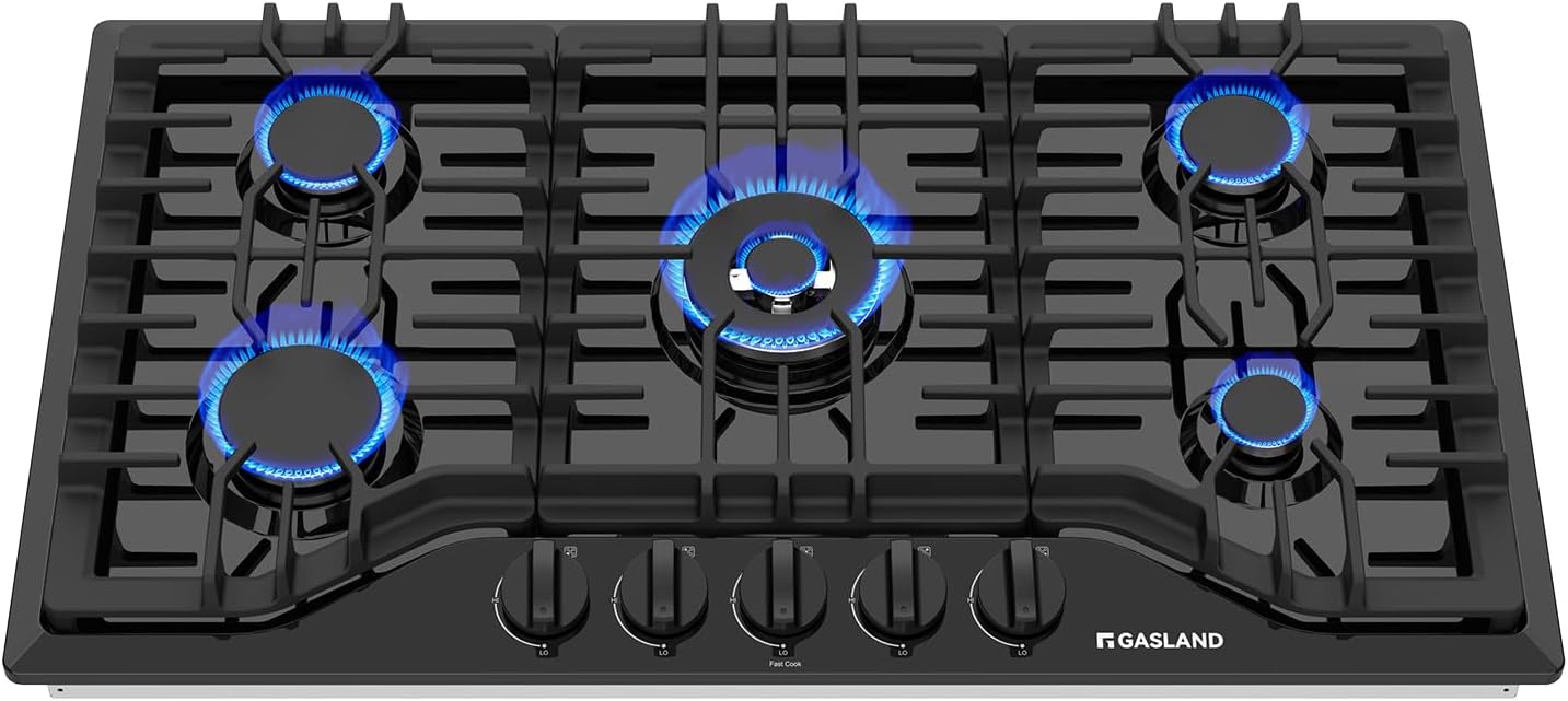 GASLAND Gas Cooktop 36 Inch with Griddle, PRO GH3365EF 5 Burner Propane Stovetop with Reversible Cast Iron Grill/Griddle, Gas Countertop Plug-in, NG/LPG Convertible Cooktops, Black