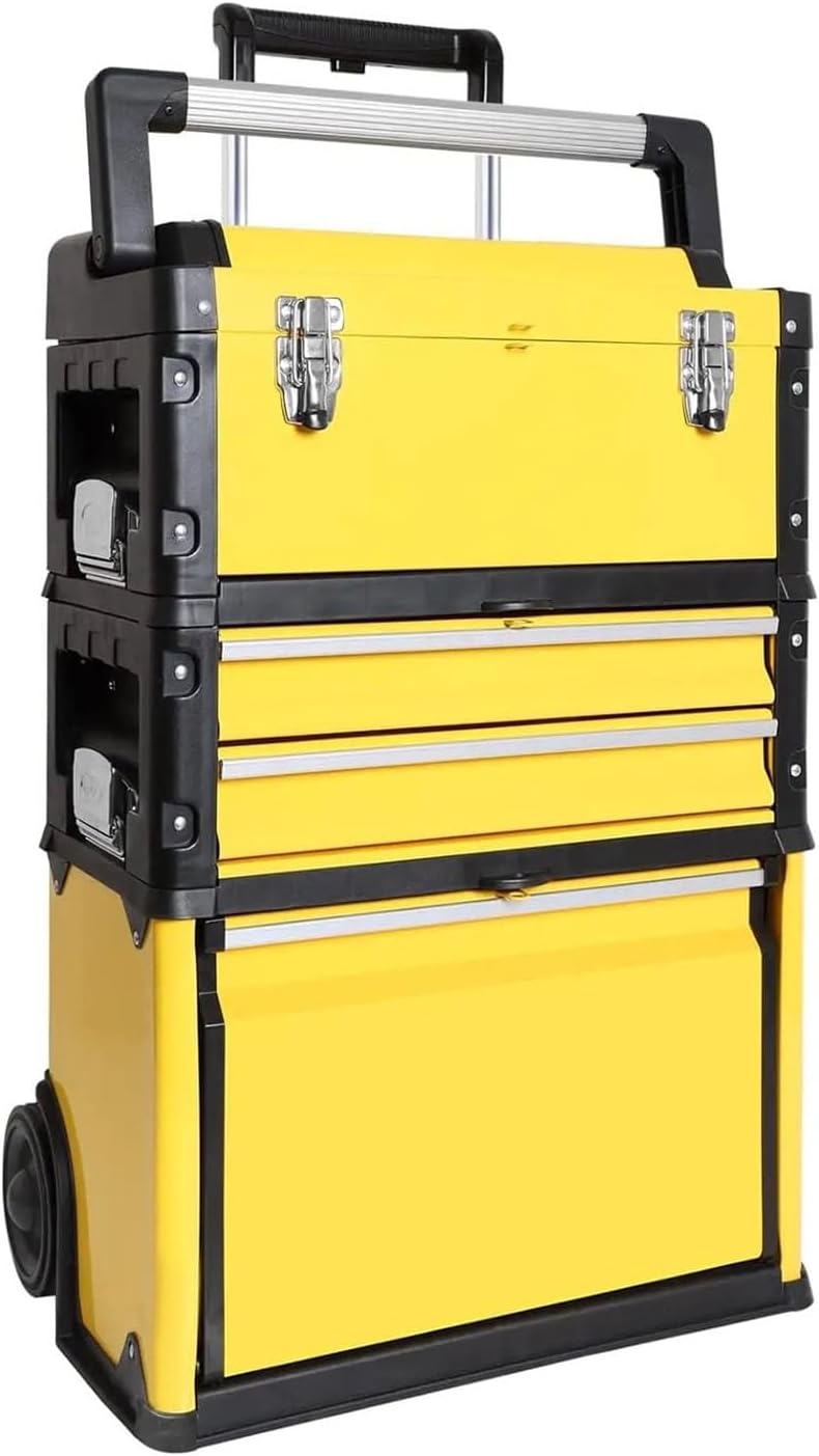 Tool Box Stackable Portable Metal Tool Box Organizer with Wheels and 2 Drawers, Rolling Upright Trolley Tool Chest Tool Storage(Yellow)