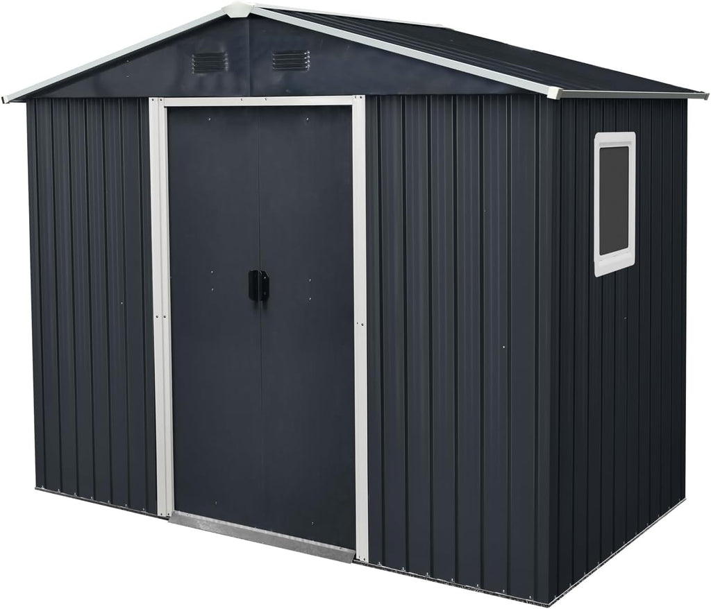 8 x 4 FT Outdoor Storage Shed, Metal Garden Shed with Floor Frame, Tool Shed Outdoor Storage with Lockable Sliding Doors & Window & Air Vent, Storage House Waterproof for Backyard, Lawn, Black + White