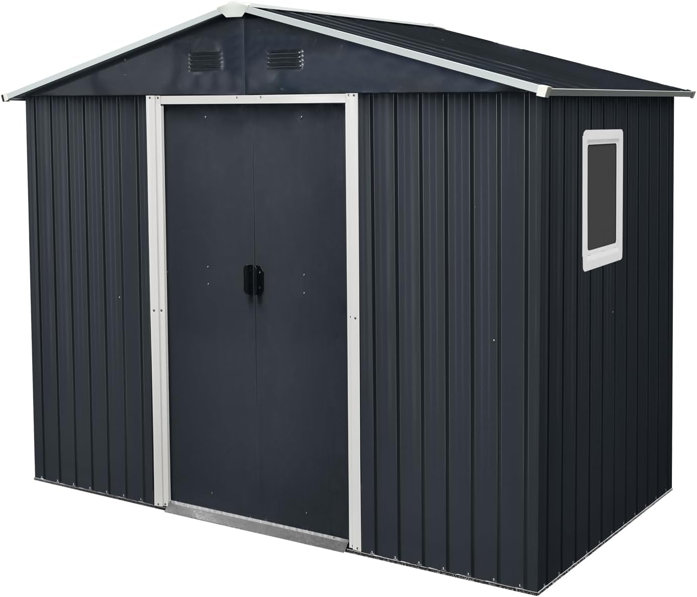 8 x 4 FT Outdoor Storage Shed, Metal Garden Shed with Floor Frame, Tool Shed Outdoor Storage with Lockable Sliding Doors & Window & Air Vent, Storage House Waterproof for Backyard, Lawn, Black + White