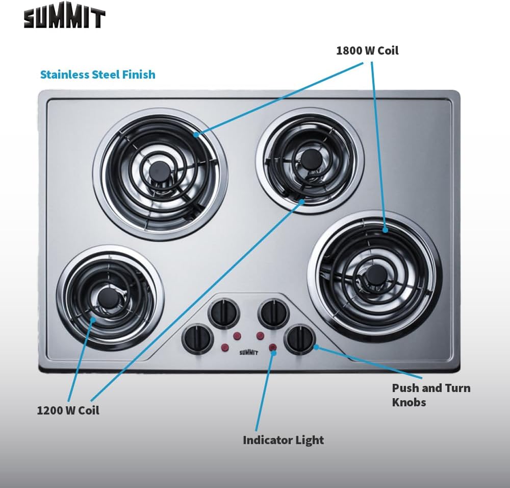 Summit 30' 4 Burner Electric Cooktop, 230 Volt Coil Electric Cooktop, ADA compliant, Stainless Steel- CR430SS