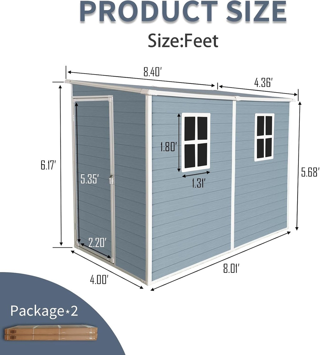 4' x 8' Outdoor Storage Shed, Resin Garden Shed with Windows, Lockable Door and Vents, Plastic Tool Storage for Patio Furniture, Lawnmower and Bike Storage, All Weather Use (4' x 8')