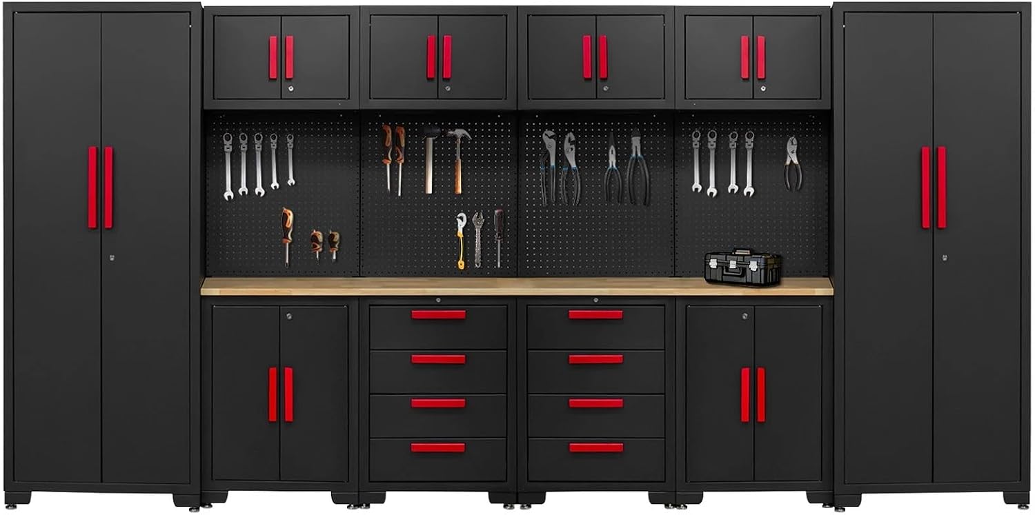 Garage Storage Cabinet System - 2 * 6-Pcs Workshop Set with Steel Cabinet Drawers, Tool Chest, Workbench, Pegboard for Tool Organization