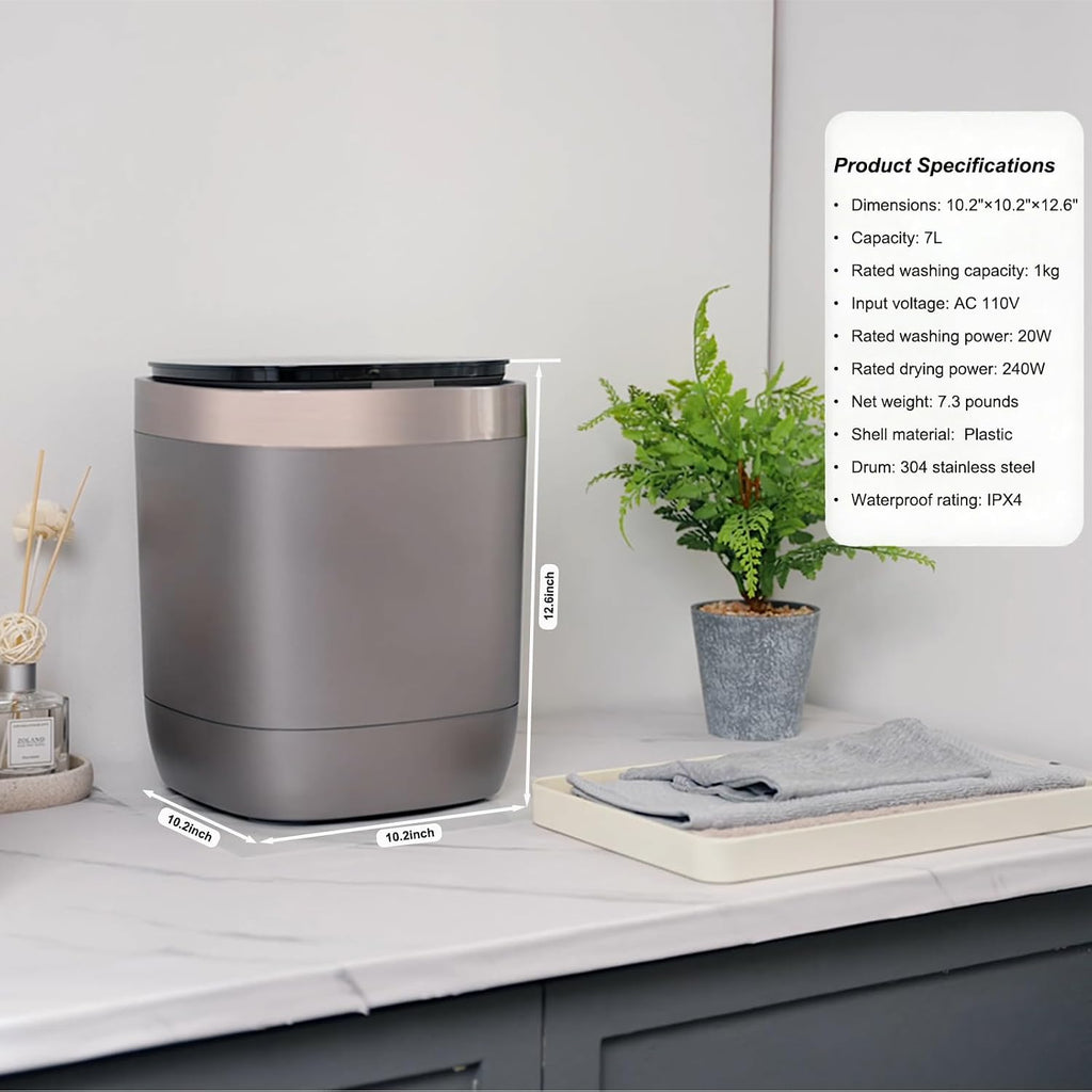 Auto Mini Washing Machine for Underwear, Socks & Delicates - 7L(1kg) Capacity with Heat Dry & Ozone Care System, Built-in Drain/Spin Functions