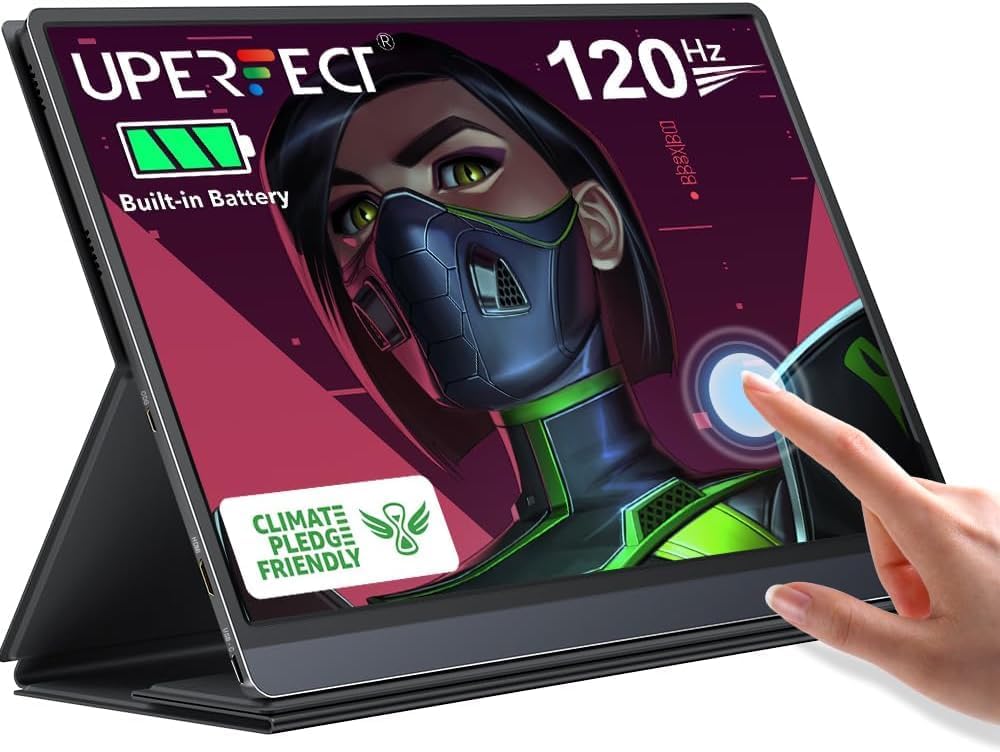UPERFECT Portable Monitor Battery Touchscreen 120HZ | 15.6' 1ms Gaming Monitor | Built-in 10800mAh Battery Powered | Type-C & MINI HDMI | Travel Screen for Laptop, Computer, Game Consoles
