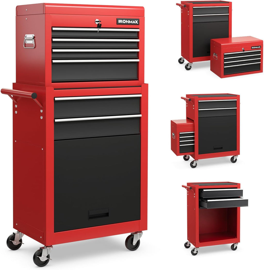 IRONMAX Rolling Tool Chest, 6-Drawer Lockable Tool Cabinet w/ 4 Universal Wheels, 2 in 1 Detachable Tool Box Storage Organizer for Garage Workshop Repair Shop (6-Drawer, Black & Red)