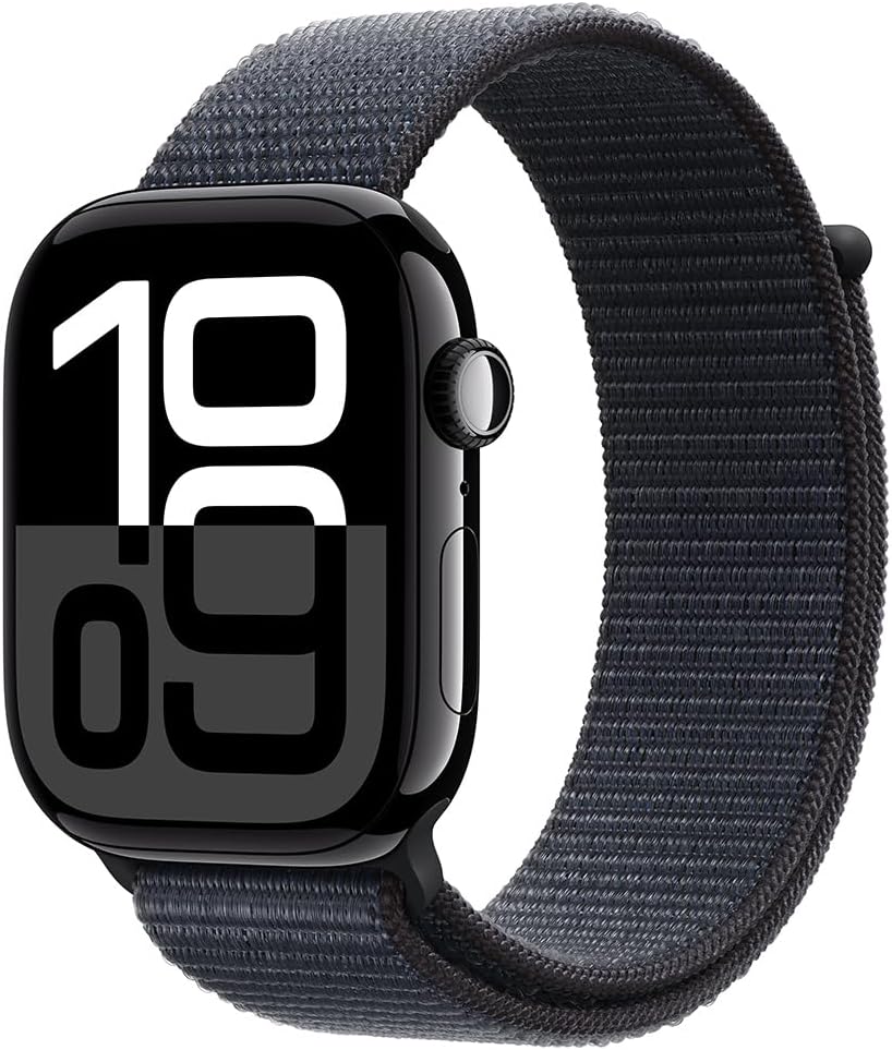 Apple Watch Series 10 [GPS 42mm case] Smartwatch with Jet Black Aluminum Case with Ink Sport Loop. Fitness Tracker, ECG App, Always-On Retina Display, Carbon Neutral