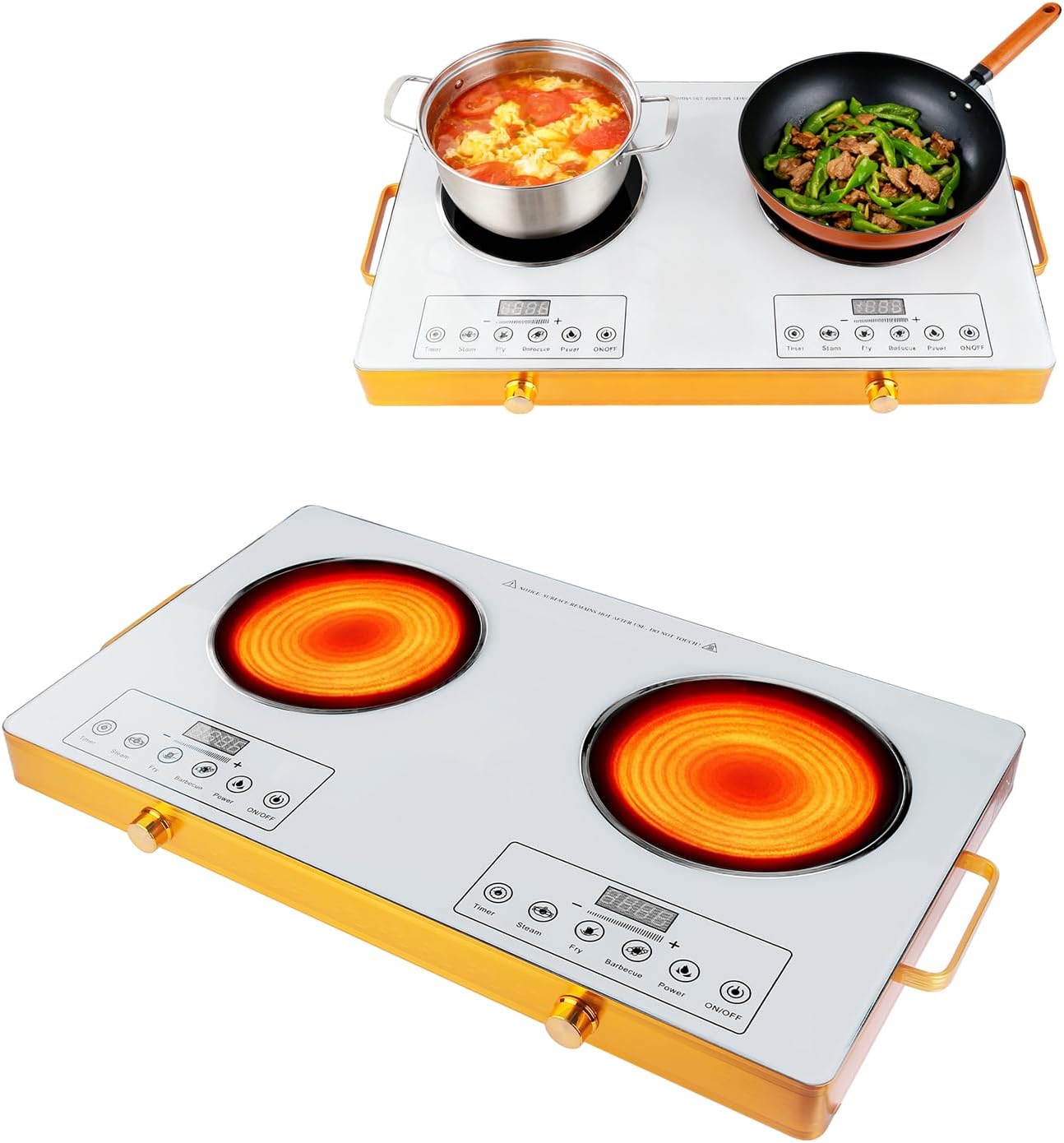 Electric Charcoal Burner Stove, 500W Single Coil Hot Plate Starter with Grill Tongs, 5-Level Temp, Smart Heat Control & Stainless Steel Fast Heating for Cooking top Countertop (5543White-Double)