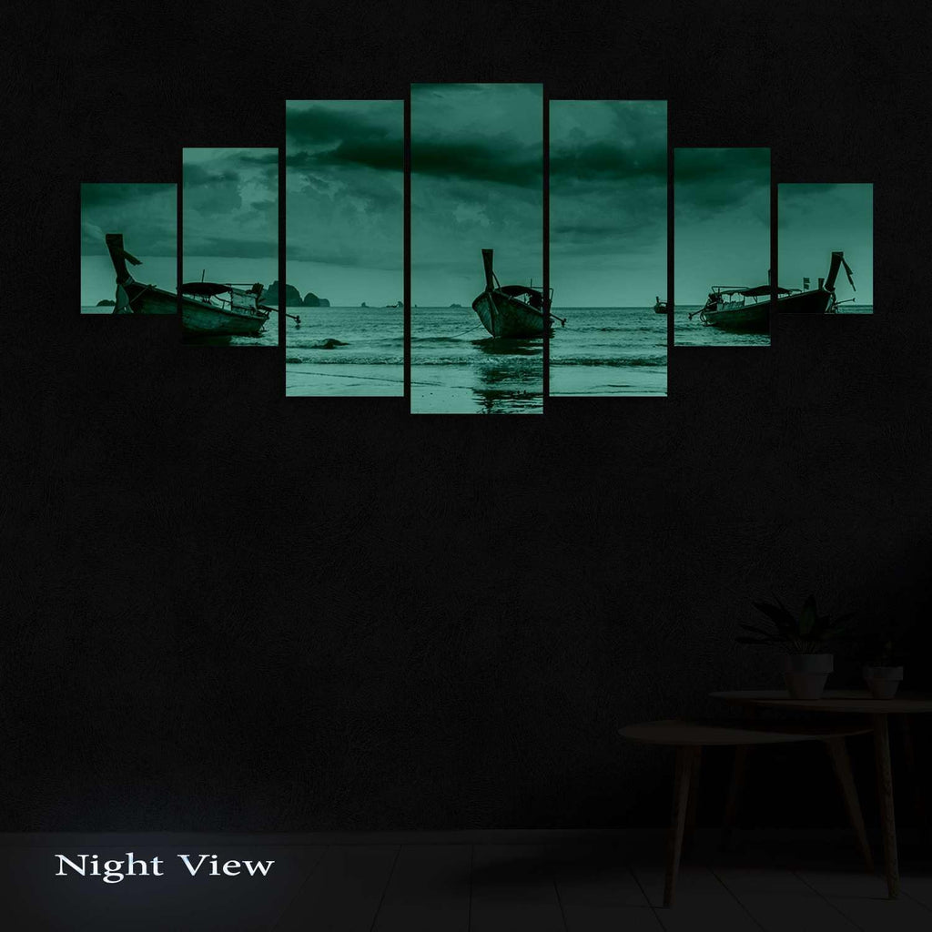 Startonight Large Canvas Wall Art Beach - Boats on the Morning Ocean - Huge Framed Modern Set of 7 Panels 40' x 95'
